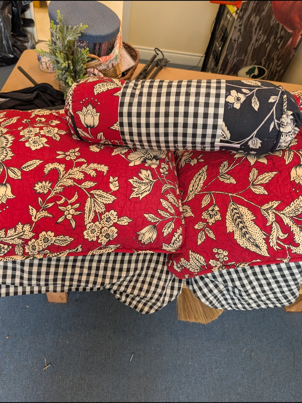 Floral Red Full/Queen Bedspread With Gingham Ruffle
